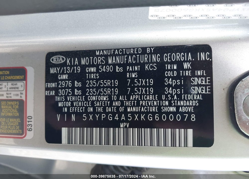 2019 KIA SORENTO 3.3L S VIN: 5XYPG4A5XKG600078