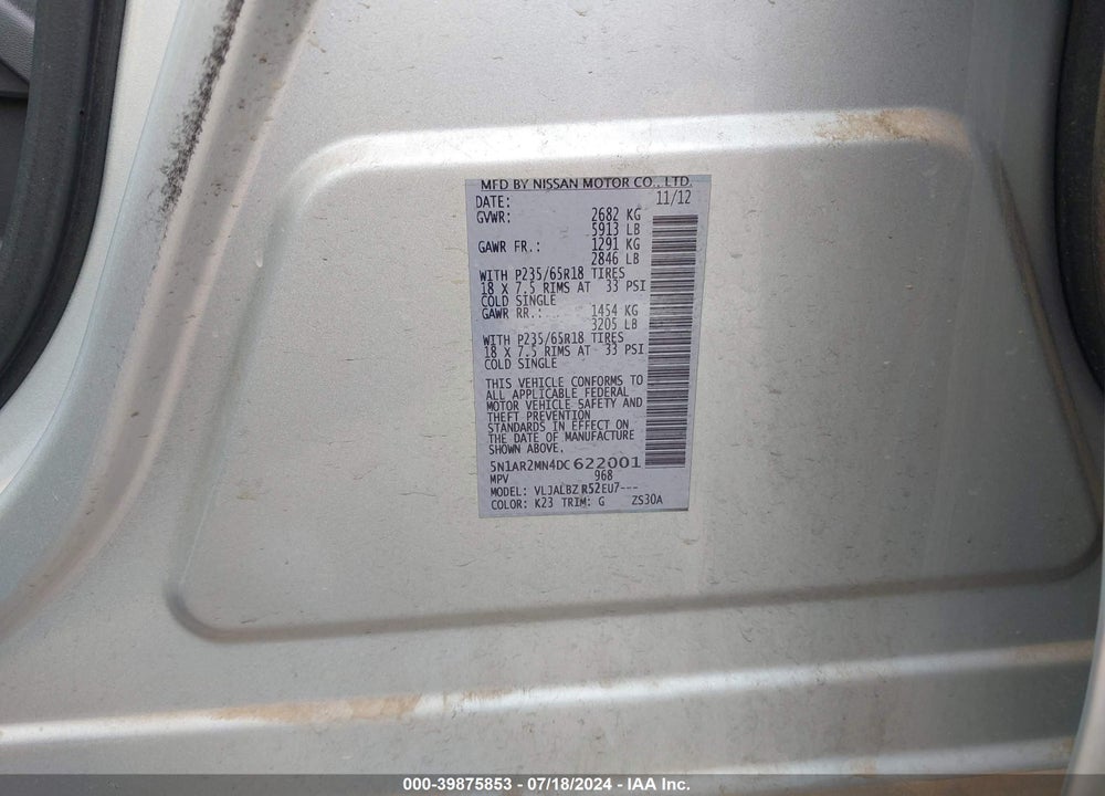 2013 NISSAN PATHFINDER S VIN: 5N1AR2MN4DC622001