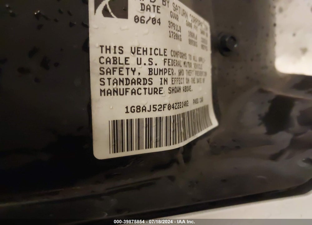 2004 SATURN ION 2 VIN: 1G8AJ52F04Z221402