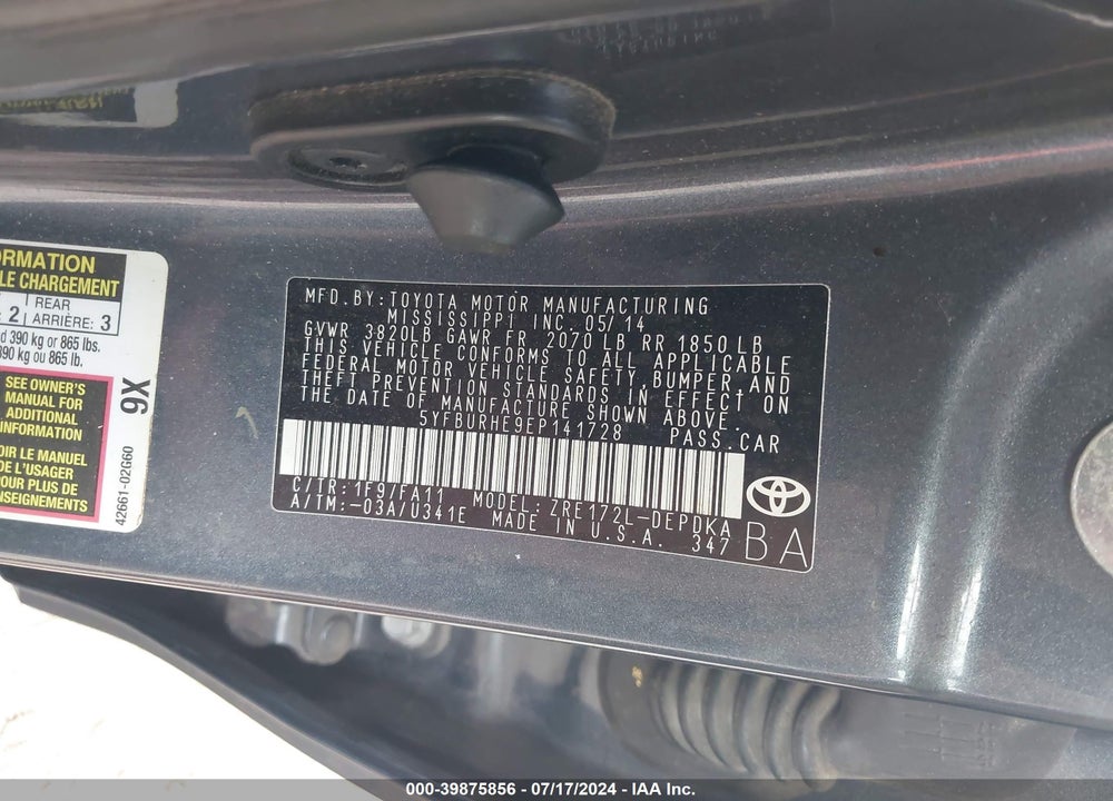 2014 TOYOTA COROLLA L VIN: 5YFBURHE9EP141728