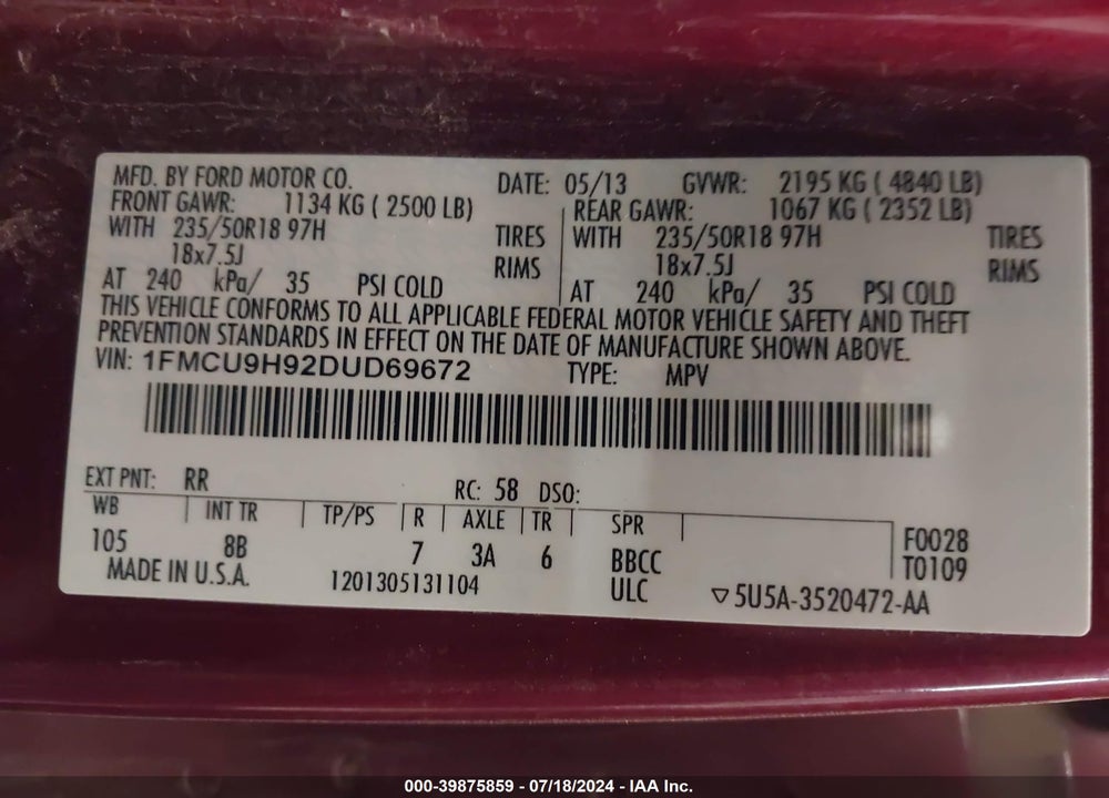 2013 FORD ESCAPE SEL VIN: 1FMCU9H92DUD69672