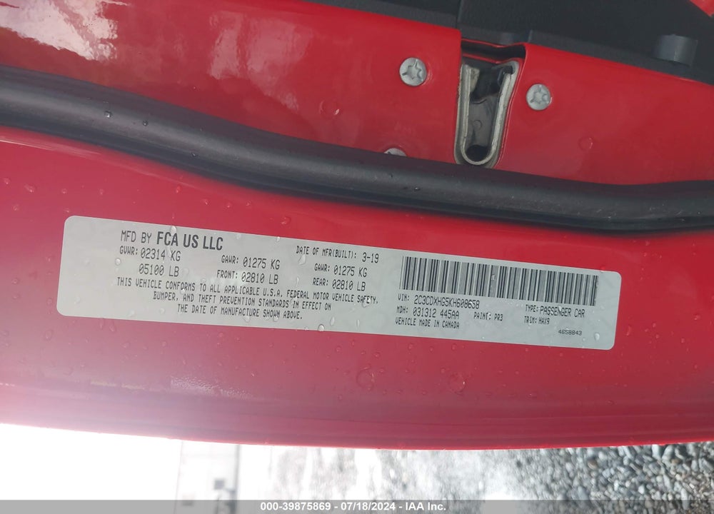 2019 DODGE CHARGER GT RWD VIN: 2C3CDXHG5KH608658