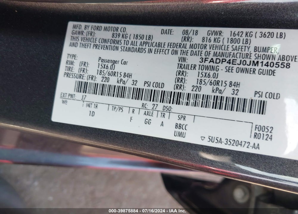 2018 FORD FIESTA SE VIN: 3FADP4EJ0JM140558