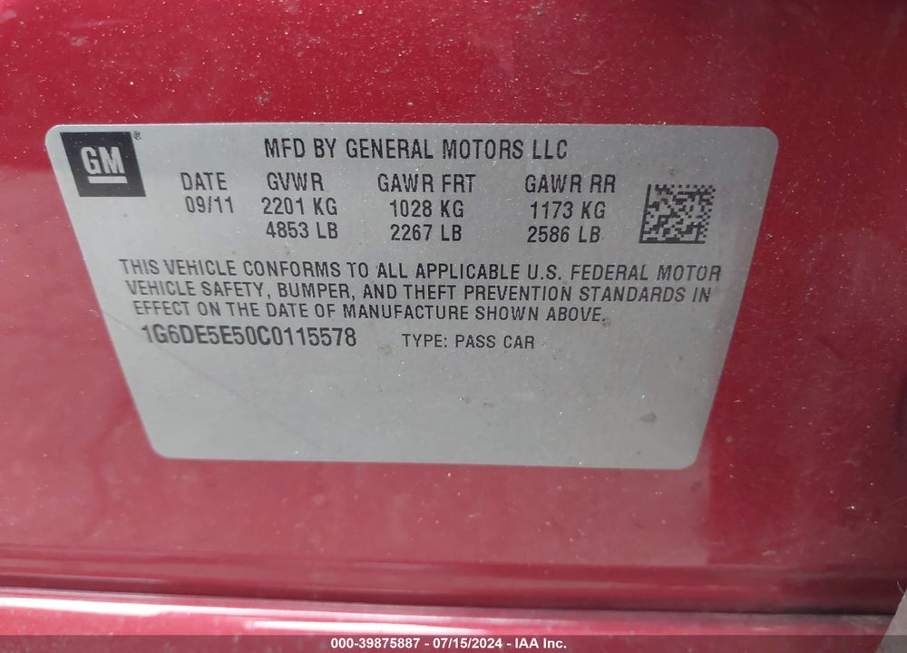 2012 CADILLAC CTS LUXURY VIN: 1G6DE5E50C0115578
