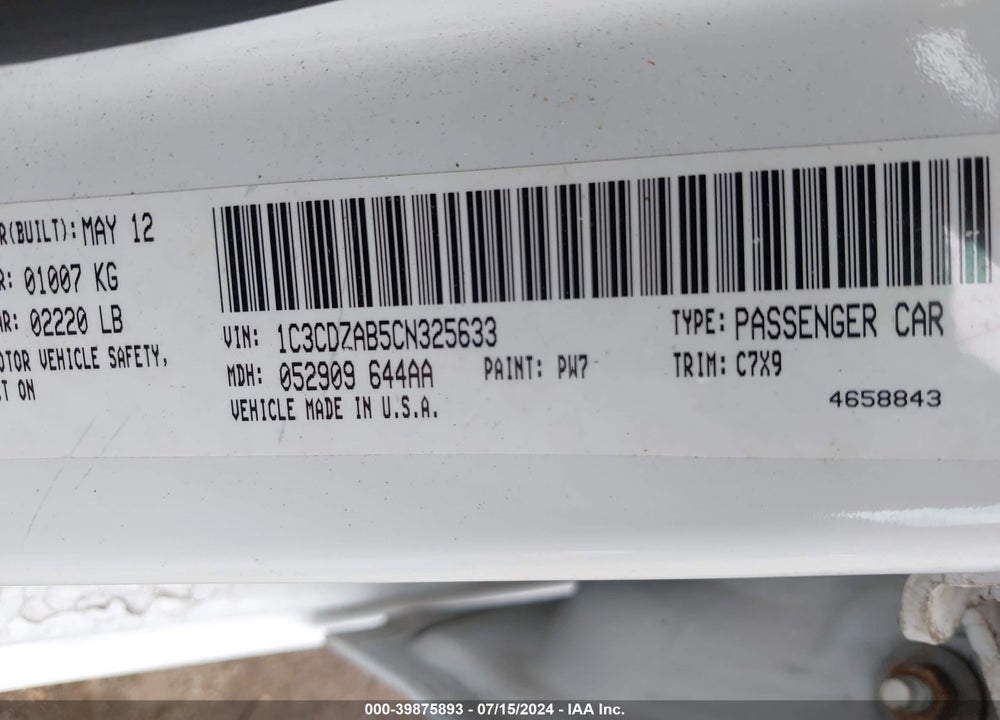 2012 DODGE AVENGER SE VIN: 1C3CDZAB5CN325633