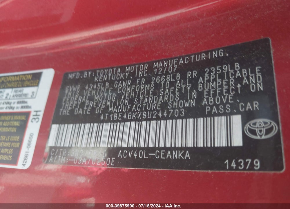 2008 TOYOTA CAMRY LE VIN: 4T1BE46KX8U244703