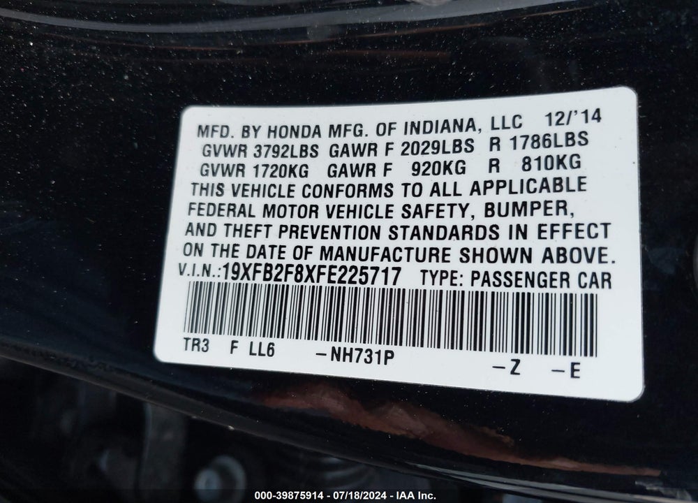 2015 HONDA CIVIC EX VIN: 19XFB2F8XFE225717