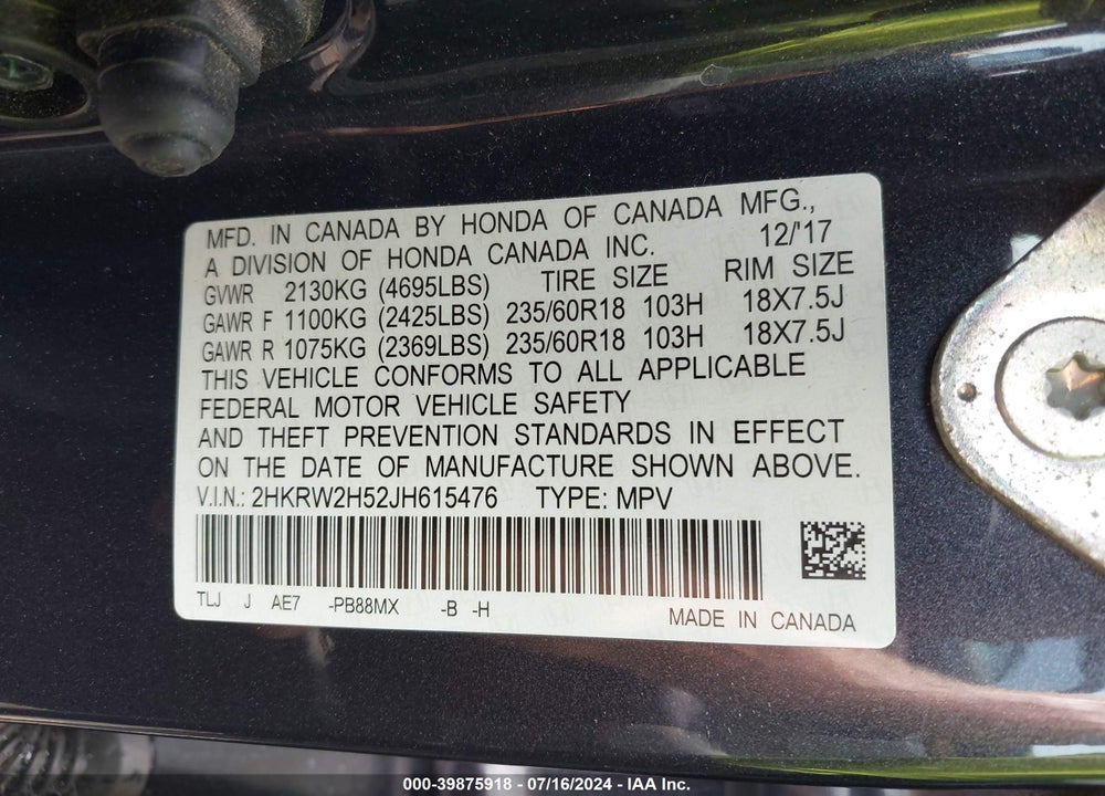 2018 HONDA CR-V EX VIN: 2HKRW2H52JH615476