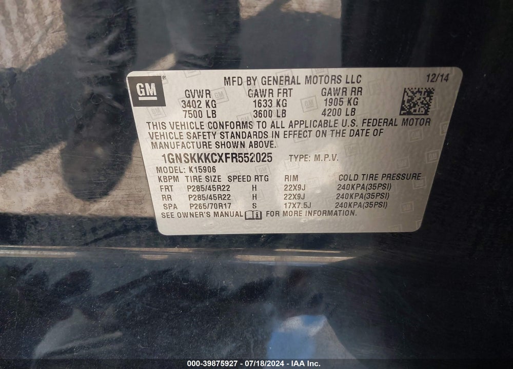 2015 CHEVROLET SUBURBAN 1500 LTZ VIN: 1GNSKKKCXFR552025
