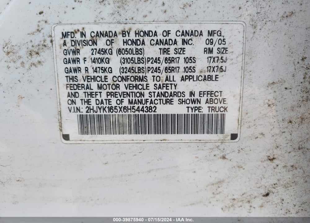 2006 HONDA RIDGELINE RTL VIN: 2HJYK165X6H544382
