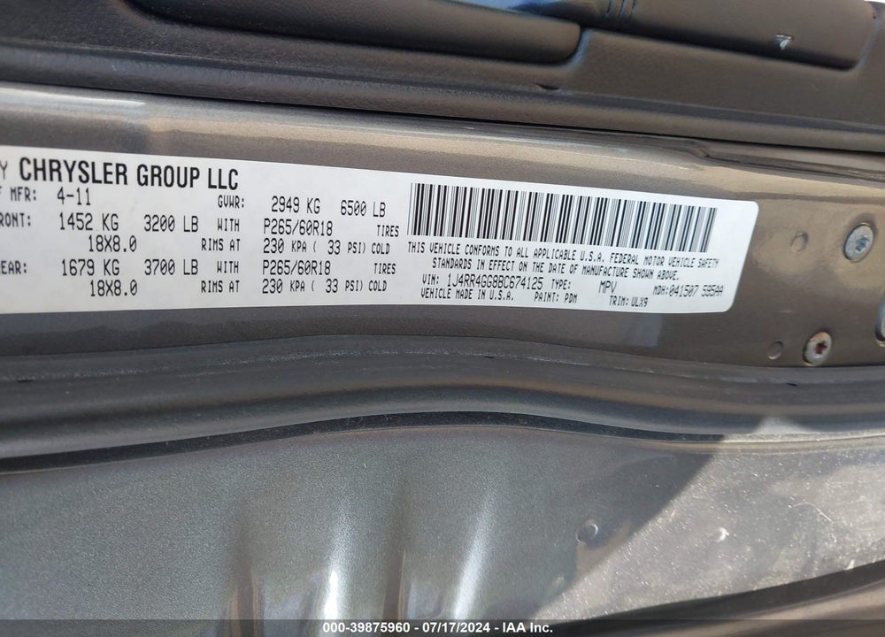 2011 JEEP GRAND CHEROKEE LAREDO VIN: 1J4RR4GG8BC674125