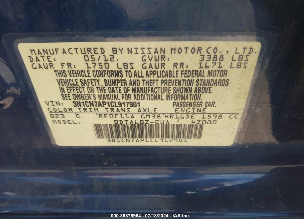 2012 NISSAN VERSA 1.6 SV VIN: 3N1CN7AP1CL917901