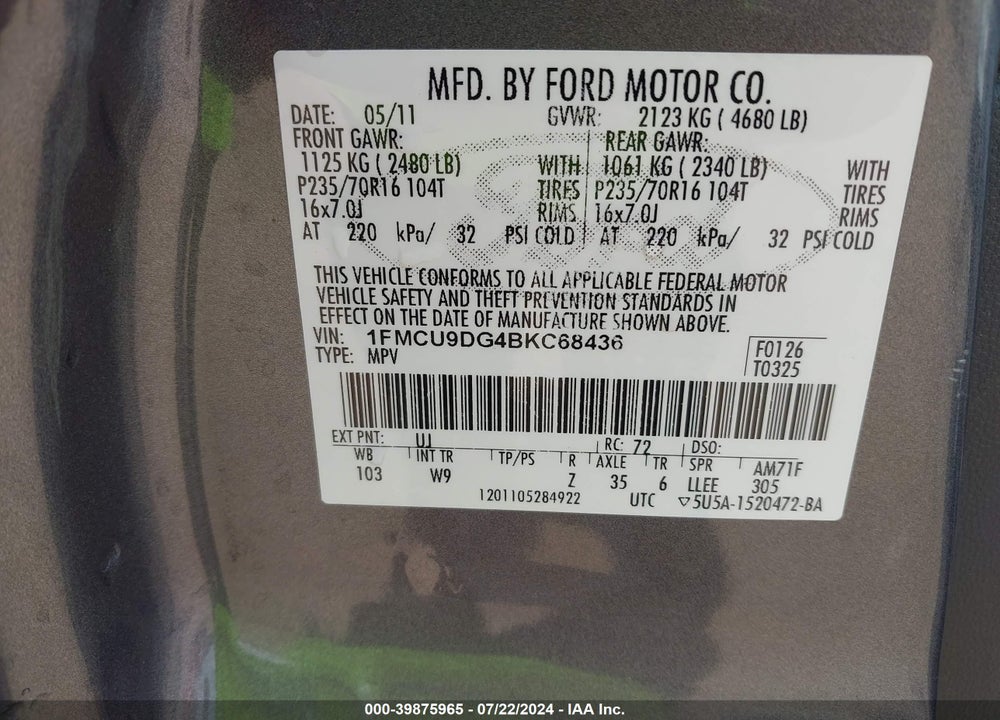 2011 FORD ESCAPE XLT VIN: 1FMCU9DG4BKC68436