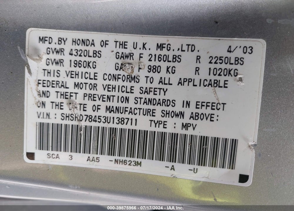 2003 HONDA CR-V LX VIN: SHSRD78453U138711