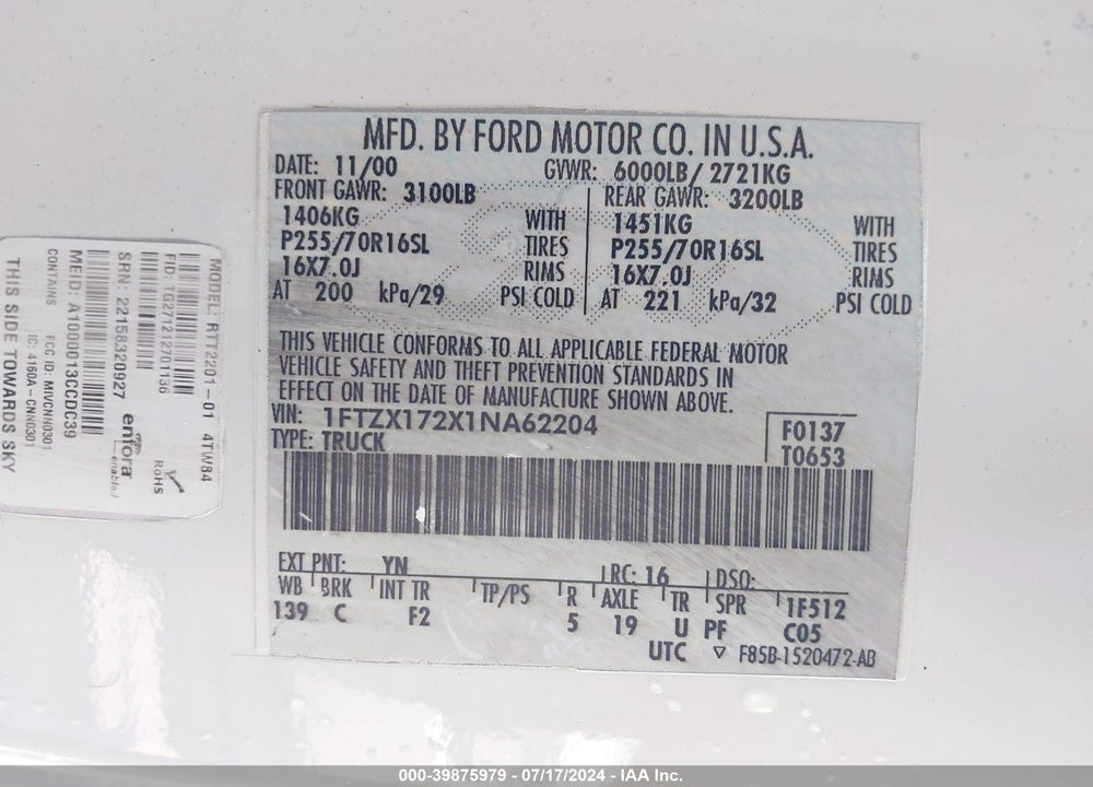 2001 FORD F-150 VIN: 1FTZX172X1NA62204