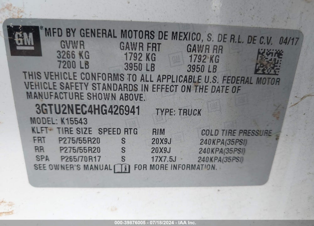 2017 GMC SIERRA 1500 VIN: 3GTU2NEC4HG426941