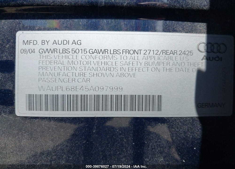 2005 AUDI S4 4.2 VIN: WAUPL68E45A097999