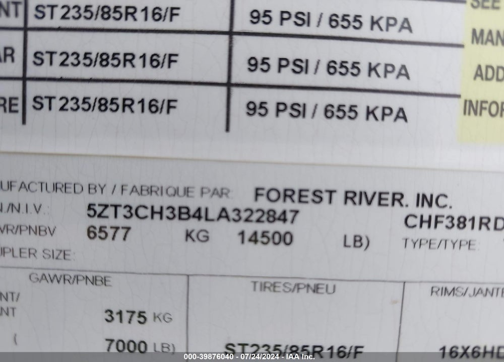 2020 FOREST RIVER CHAPPARAL M-381 VIN: 5ZT3CH3B4LA322847