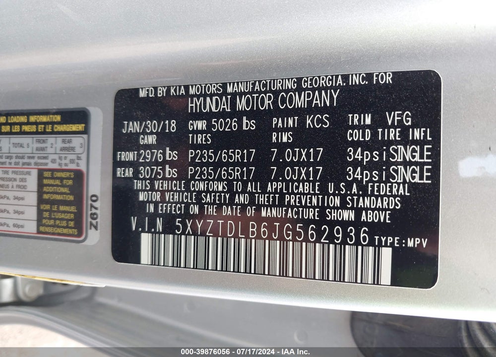 2018 HYUNDAI SANTA FE SPORT 2.4L VIN: 5XYZTDLB6JG562936