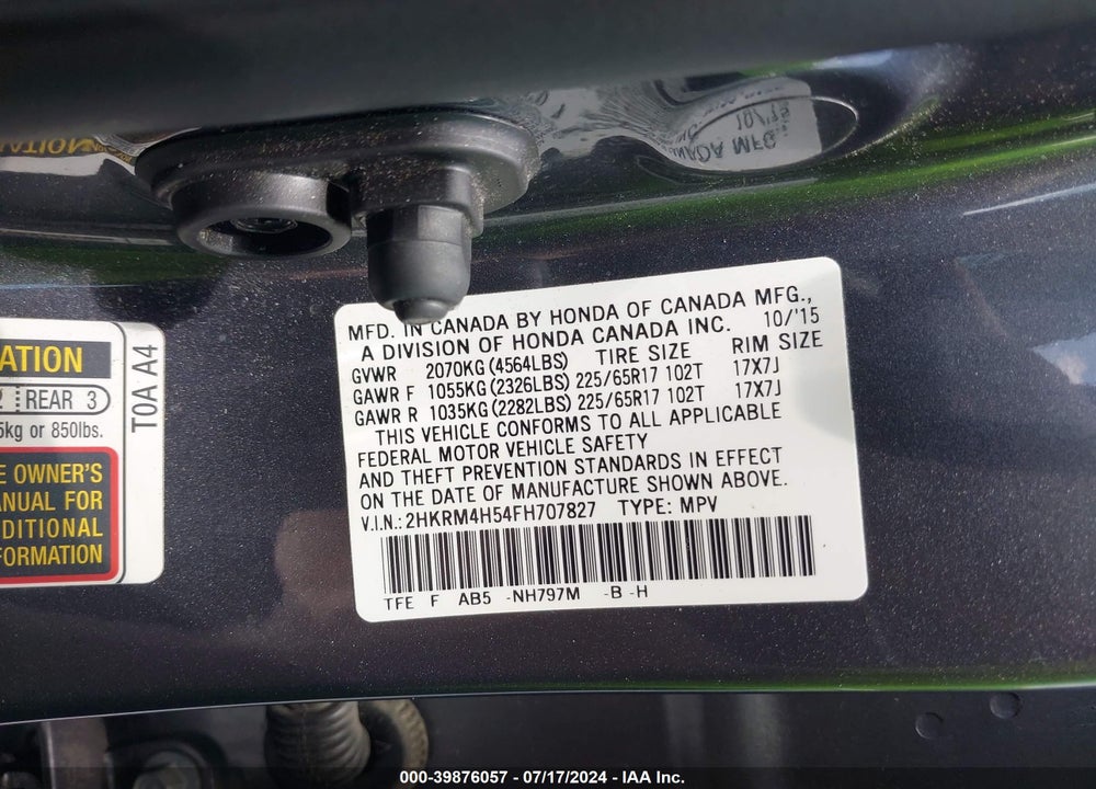 2015 HONDA CR-V EX VIN: 2HKRM4H54FH707827