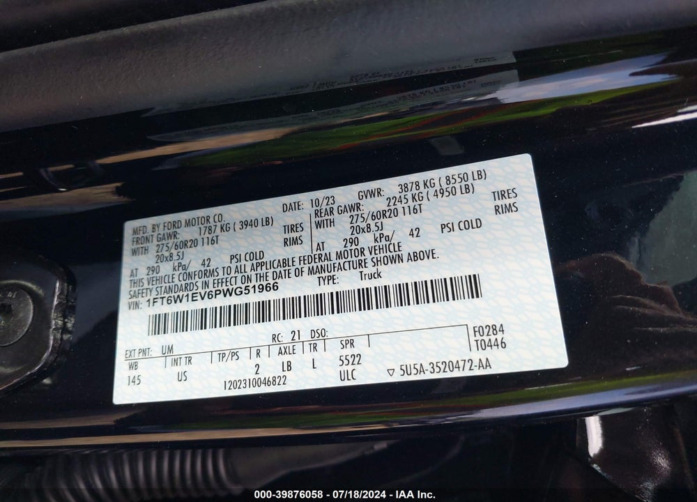 2023 FORD F-150 LIGHTNING XLT VIN: 1FT6W1EV6PWG51966