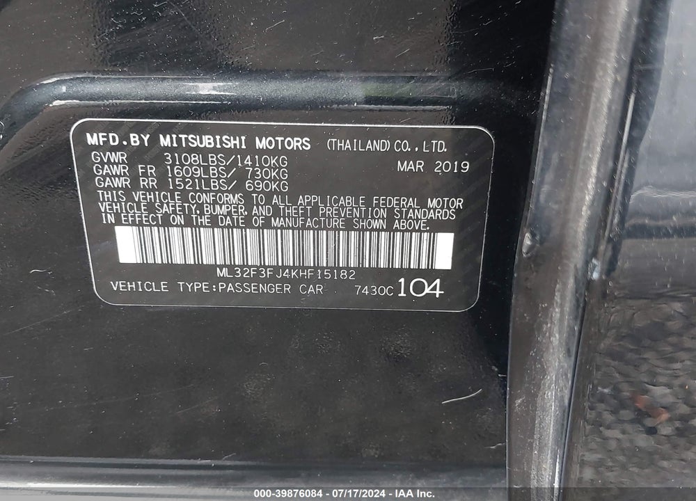 2019 MITSUBISHI MIRAGE G4 ES VIN: ML32F3FJ4KHF15182
