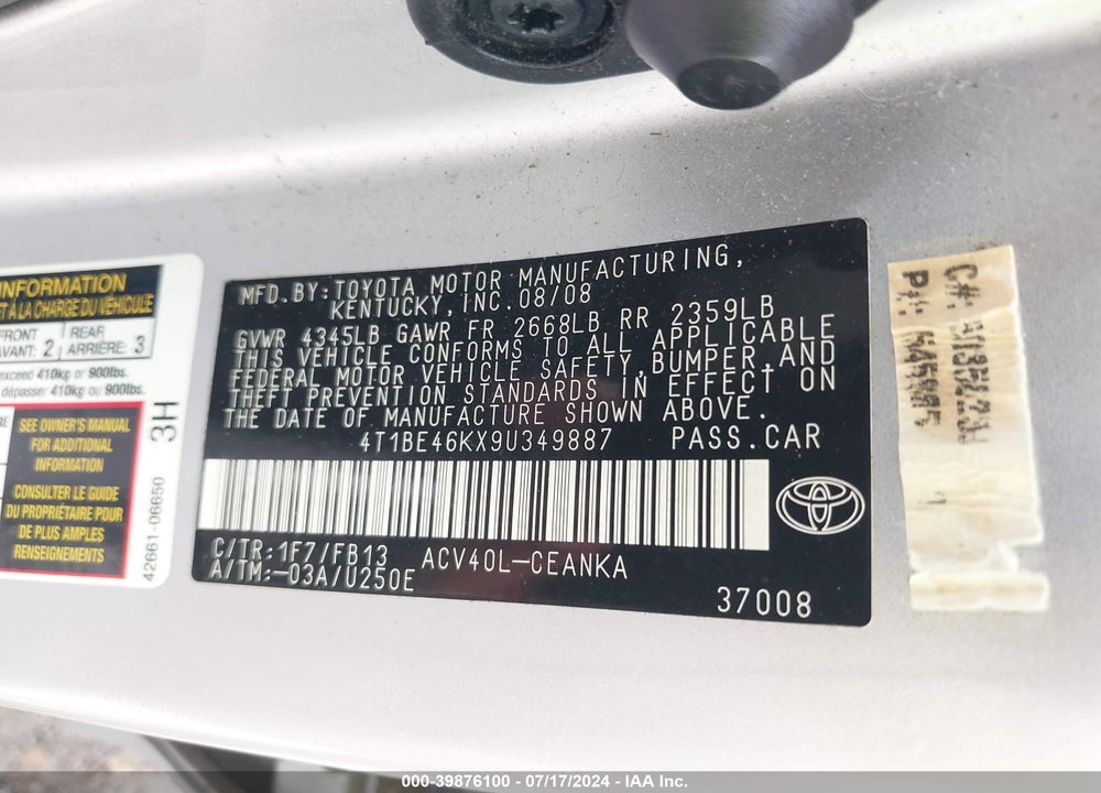 2009 TOYOTA CAMRY LE VIN: 4T1BE46KX9U349887
