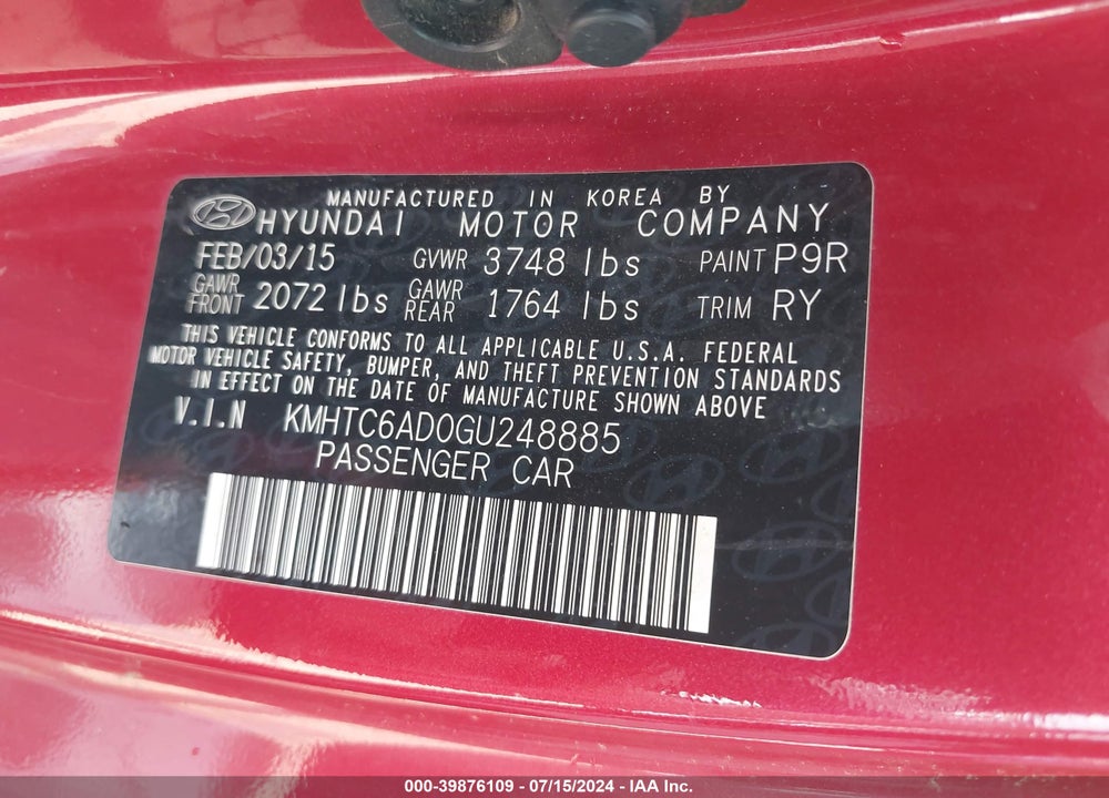 2016 HYUNDAI VELOSTER VIN: KMHTC6AD0GU248885