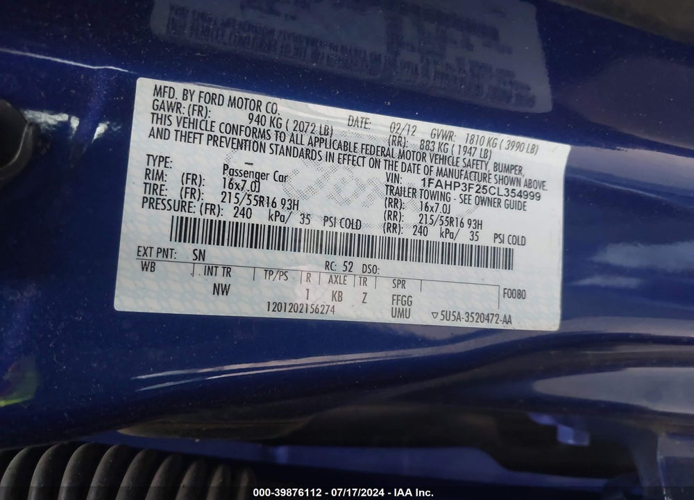 2012 FORD FOCUS SE VIN: 1FAHP3F25CL354999