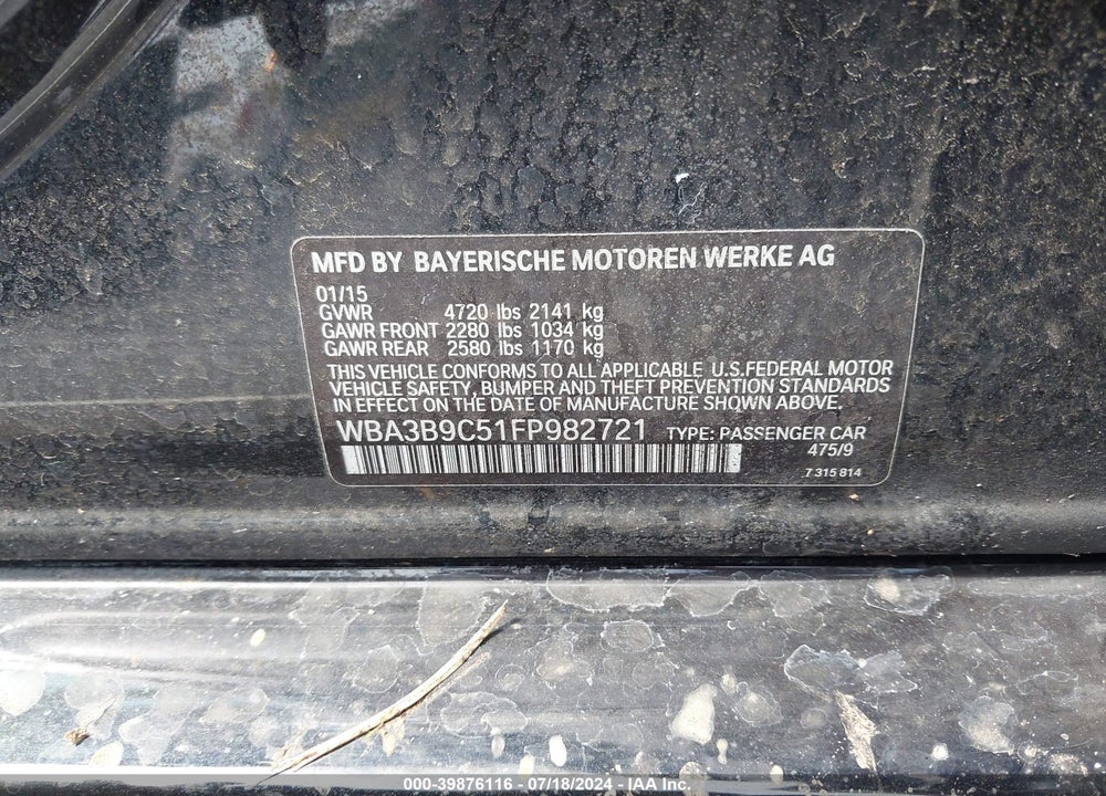 2015 BMW 335I XDRIVE VIN: WBA3B9C51FP982721