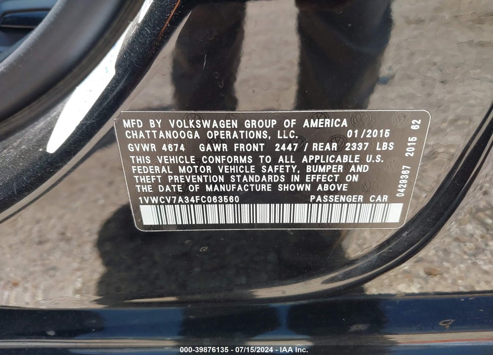 2015 VOLKSWAGEN PASSAT 2.0L TDI SEL PREMIUM VIN: 1VWCV7A34FC063560