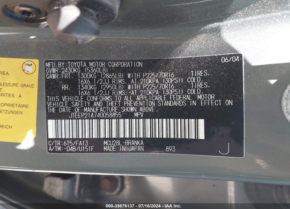 2004 TOYOTA HIGHLANDER V6 VIN: JTEEP21A740058855