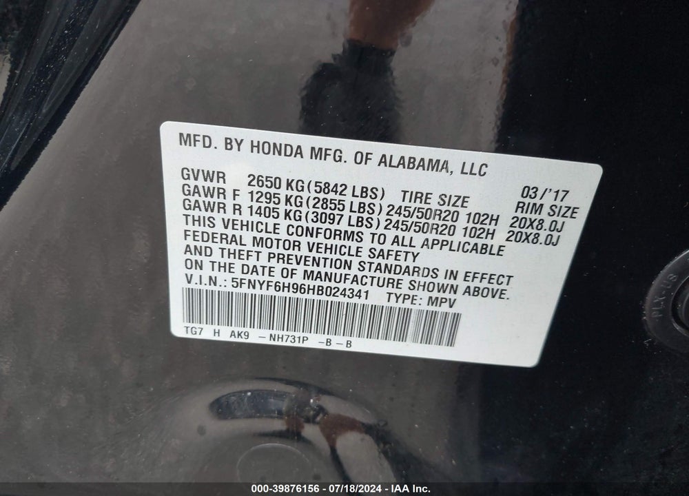 2017 HONDA PILOT TOURING VIN: 5FNYF6H96HB024341