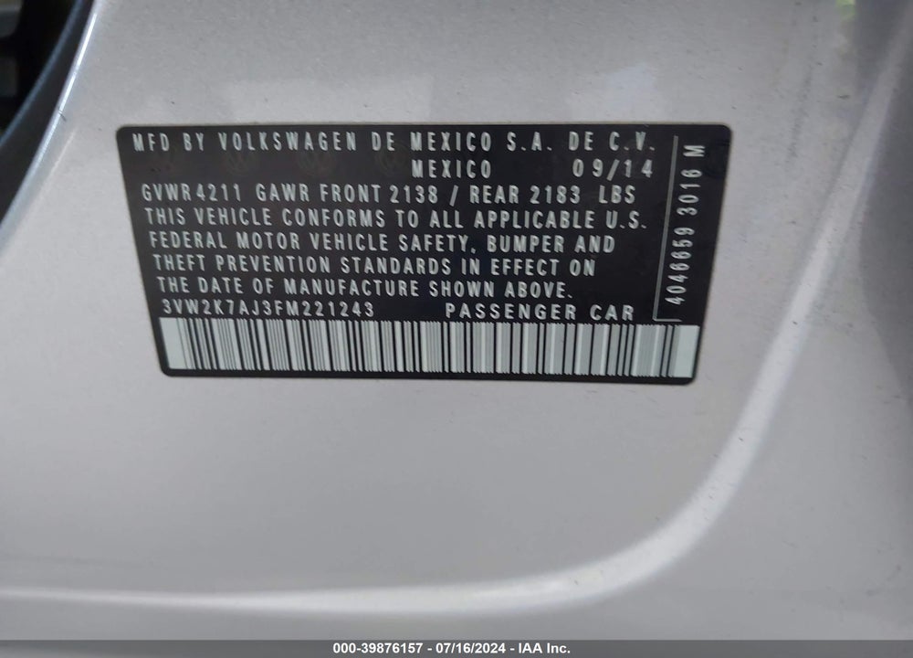 2015 VOLKSWAGEN JETTA 2.0L S VIN: 3VW2K7AJ3FM221243