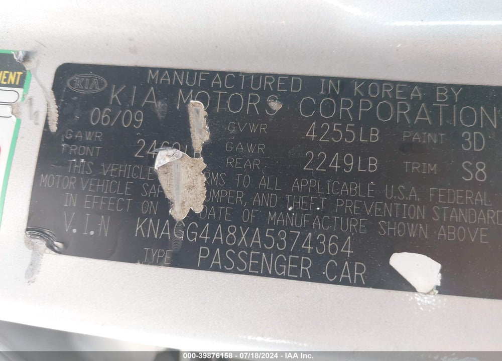 2010 KIA OPTIMA LX VIN: KNAGG4A8XA5374364