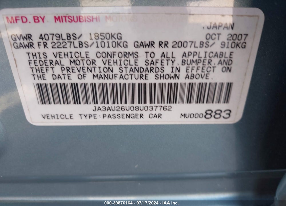 2008 MITSUBISHI LANCER DE/ES VIN: JA3AU26U08U037762