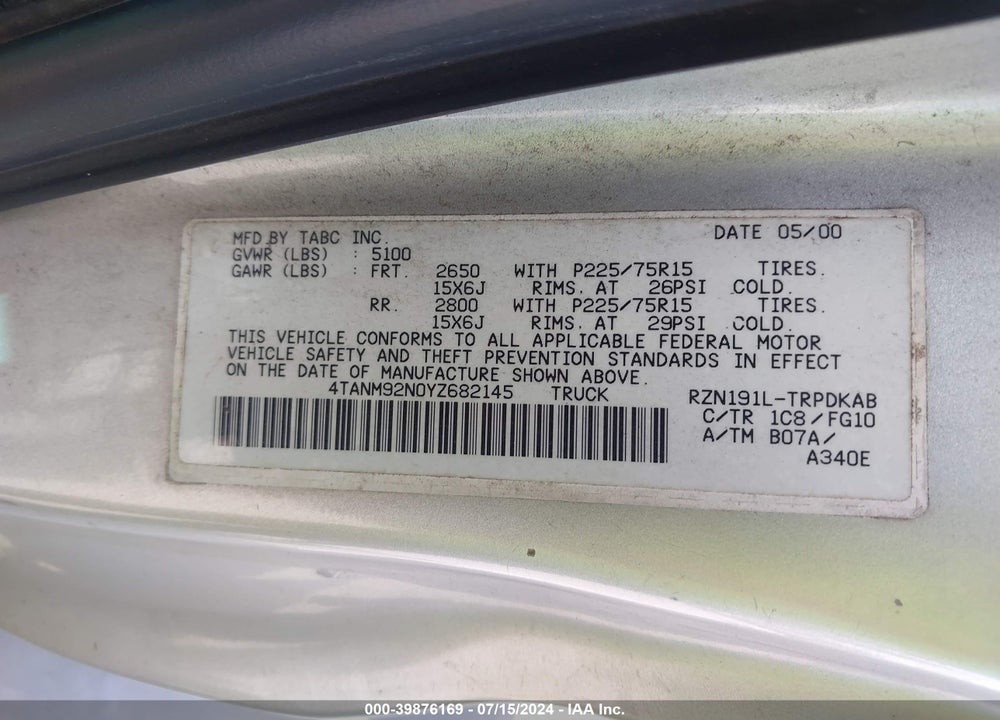2000 TOYOTA TACOMA PRERUNNER VIN: 4TANM92N0YZ682145