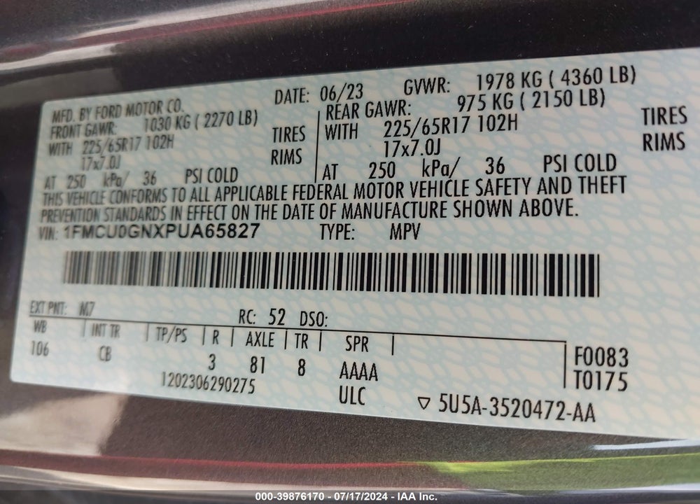 2023 FORD ESCAPE VIN: 1FMCU0GNXPUA65827