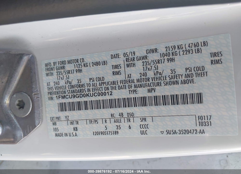 2019 FORD ESCAPE VIN: 1FMCU9GD0KUC00012