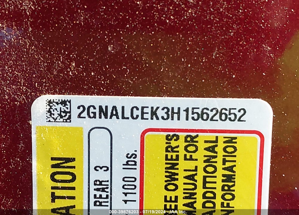 2017 CHEVROLET EQUINOX LT VIN: 2GNALCEK3H1562652