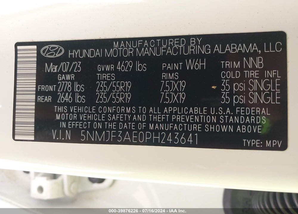 2023 HYUNDAI TUCSON SEL VIN: 5NMJF3AE0PH243641