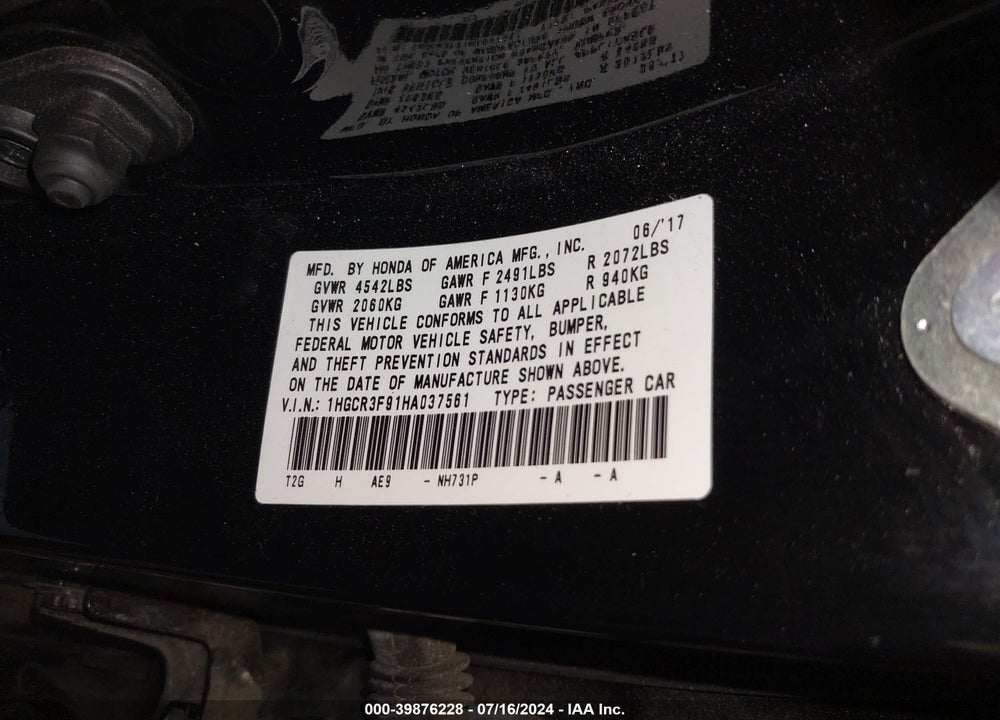 2017 HONDA ACCORD TOURING V6 VIN: 1HGCR3F91HA037561