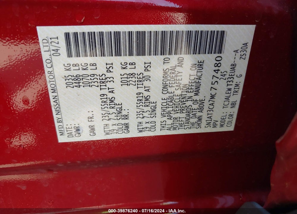 2021 NISSAN ROGUE SL FWD VIN: 5N1AT3CA7MC757480