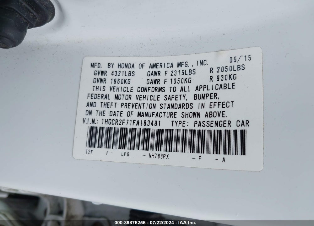 2015 HONDA ACCORD EX VIN: 1HGCR2F71FA183481