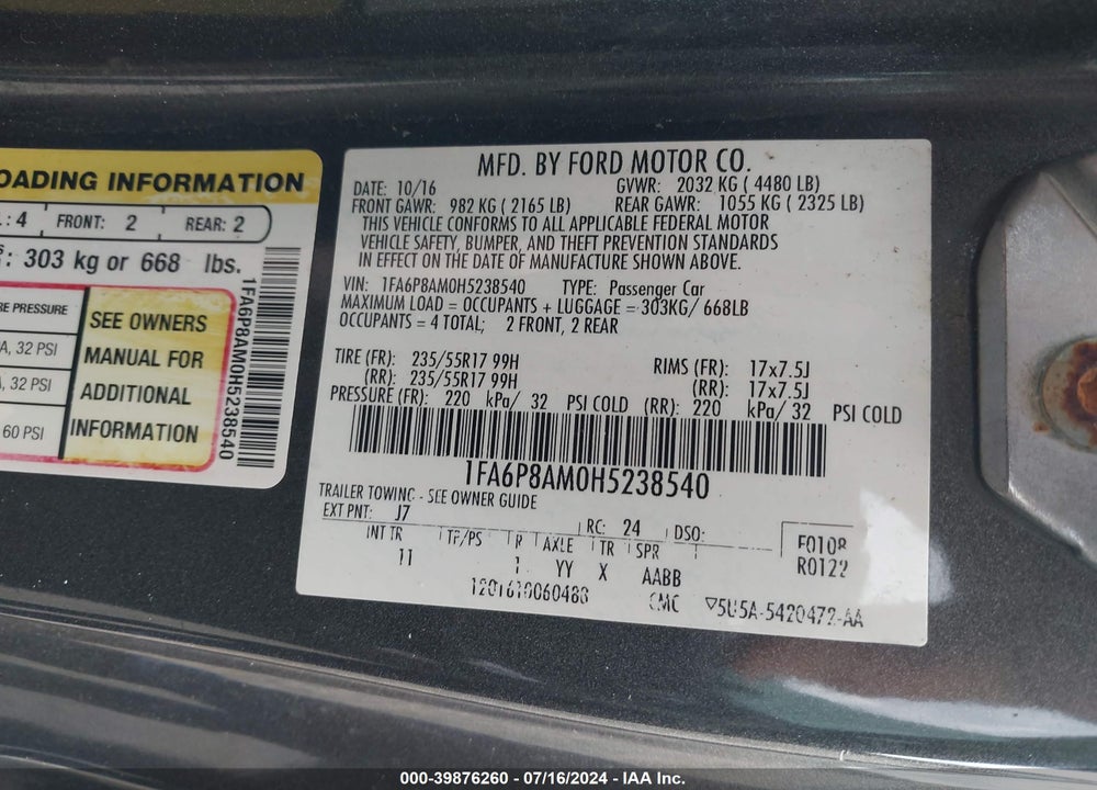 2017 FORD MUSTANG V6 VIN: 1FA6P8AM0H5238540