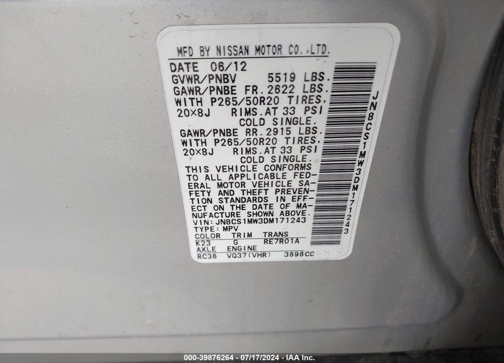 2013 INFINITI FX37 VIN: JN8CS1MW3DM171243