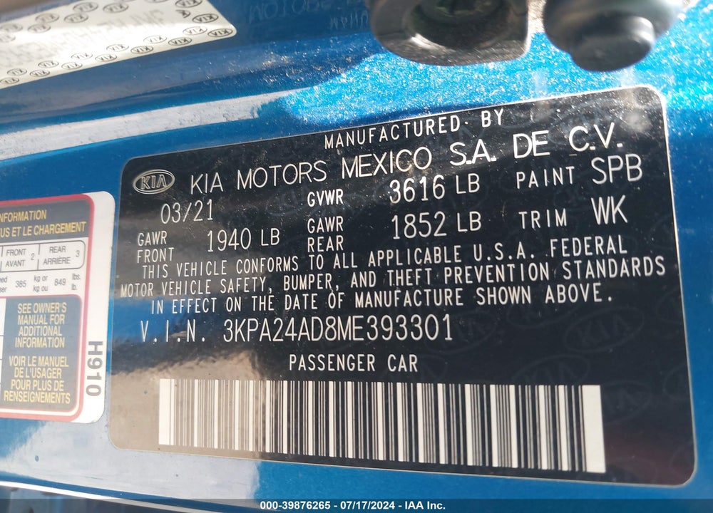 2021 KIA RIO S VIN: 3KPA24AD8ME393301