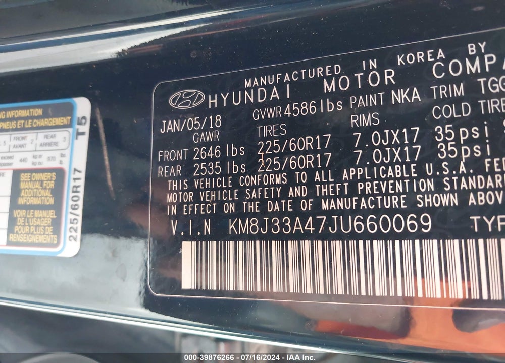 2018 HYUNDAI TUCSON SEL VIN: KM8J33A47JU660069