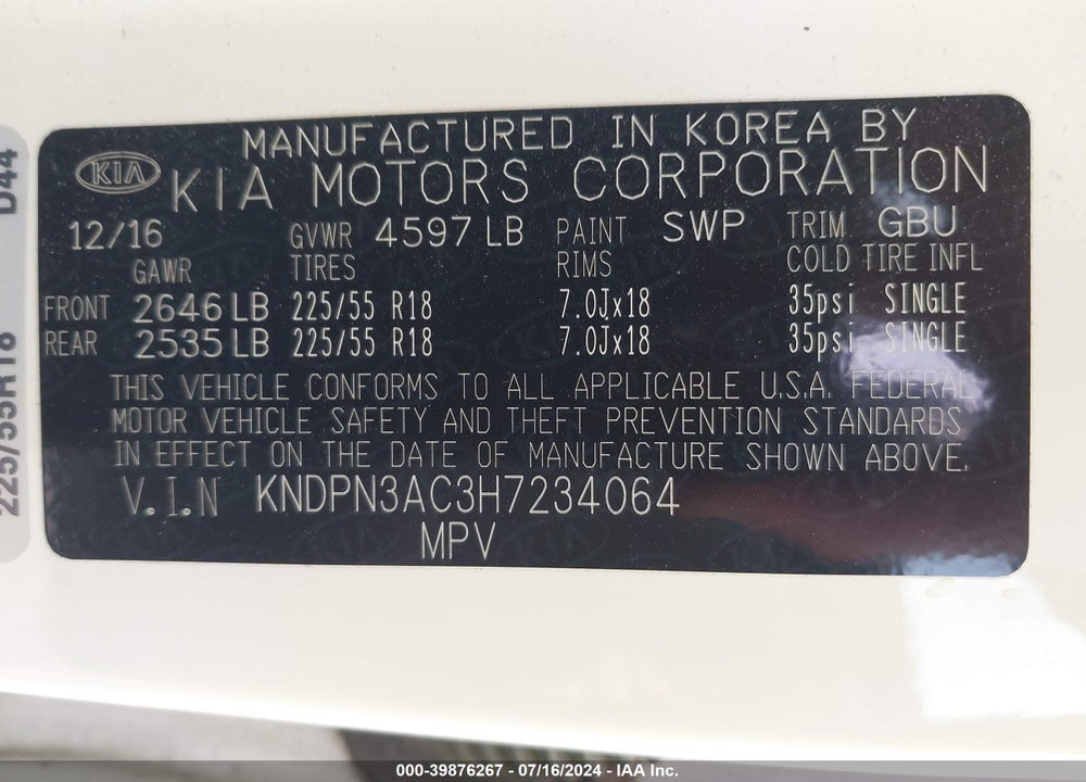 2017 KIA SPORTAGE EX VIN: KNDPN3AC3H7234064