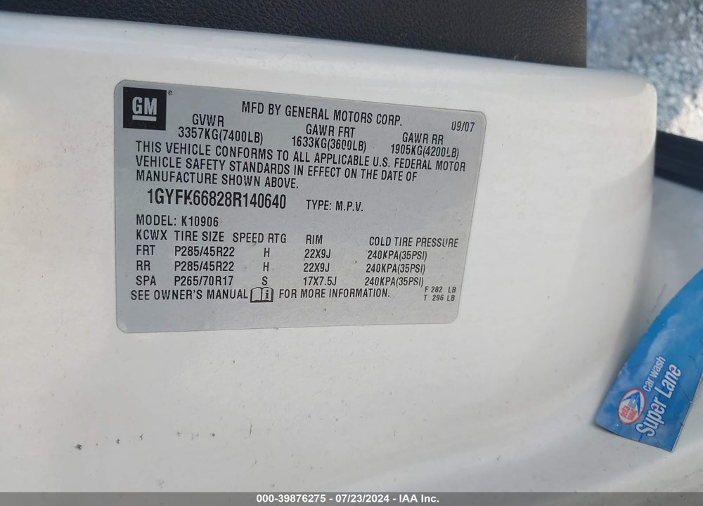 2008 CADILLAC ESCALADE ESV STANDARD VIN: 1GYFK66828R140640